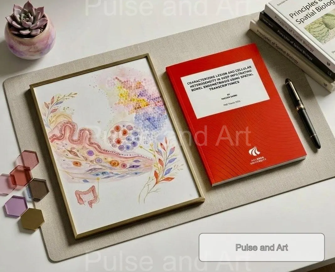 Example PhD thesis cover: watercolour of bowel endometriosis spatial transcriptomics beside the printed Aalborg University thesis